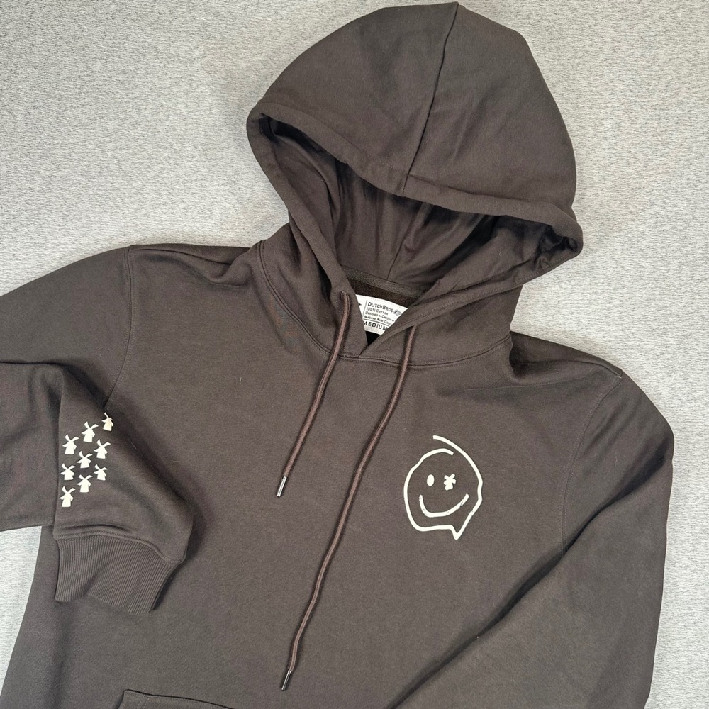 Dutch Bros Coffee Hoodie Mens Medium Brown Melting Smiley Face Windmill